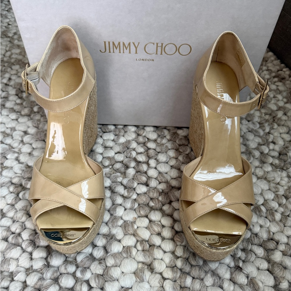 Jimmy Choo Pallis Patent Nude Wedge Sandals